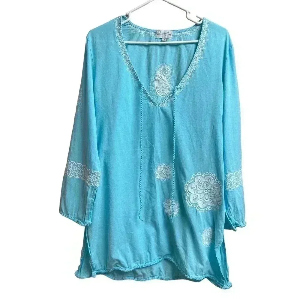 Mud Pie Aqua Embroidered V-Neck Tunic with Tassel Ties
